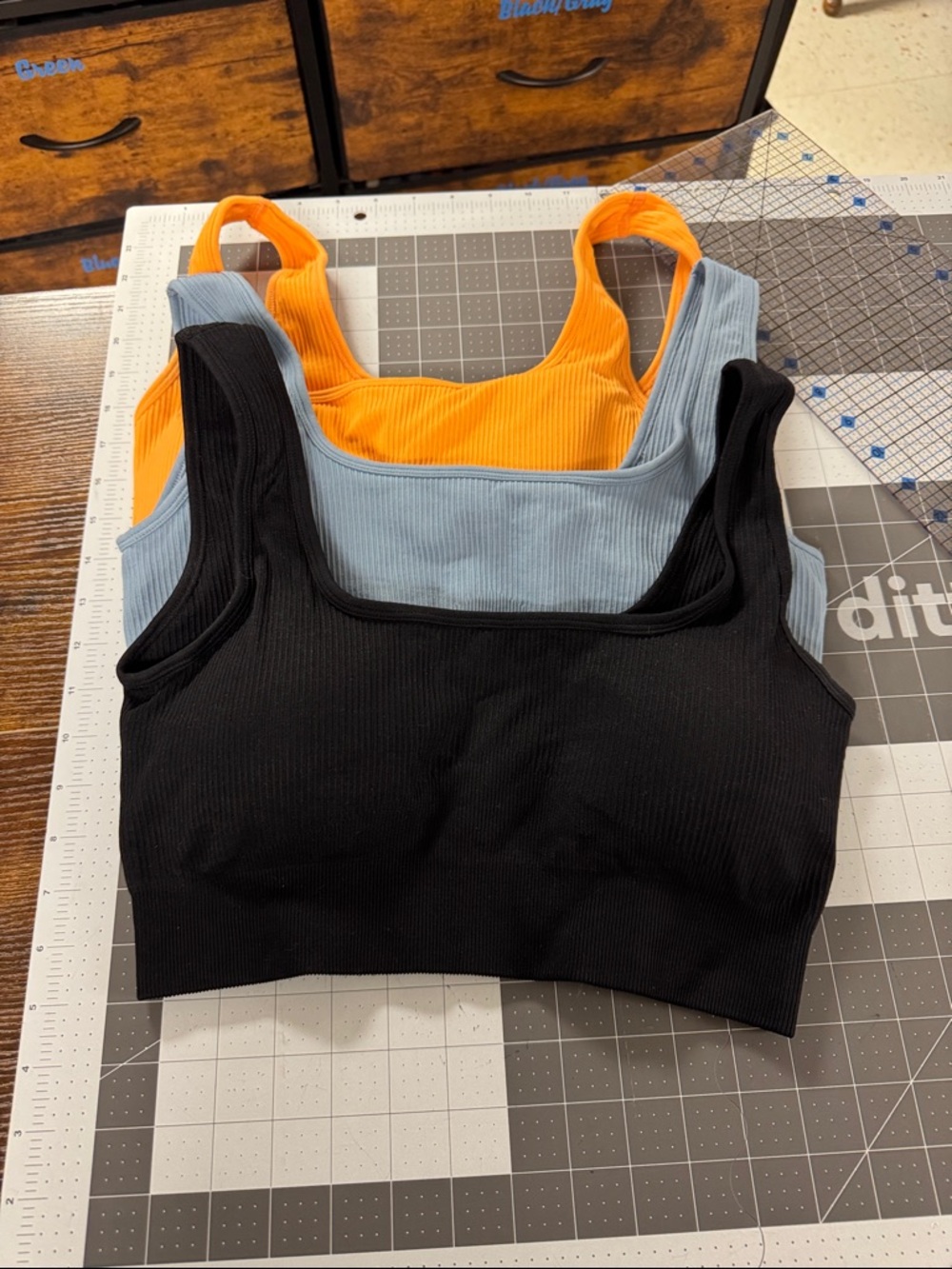 NWOT. Ribbed Scoop Neck Bralette Trio - Black, Light Blue, Orange